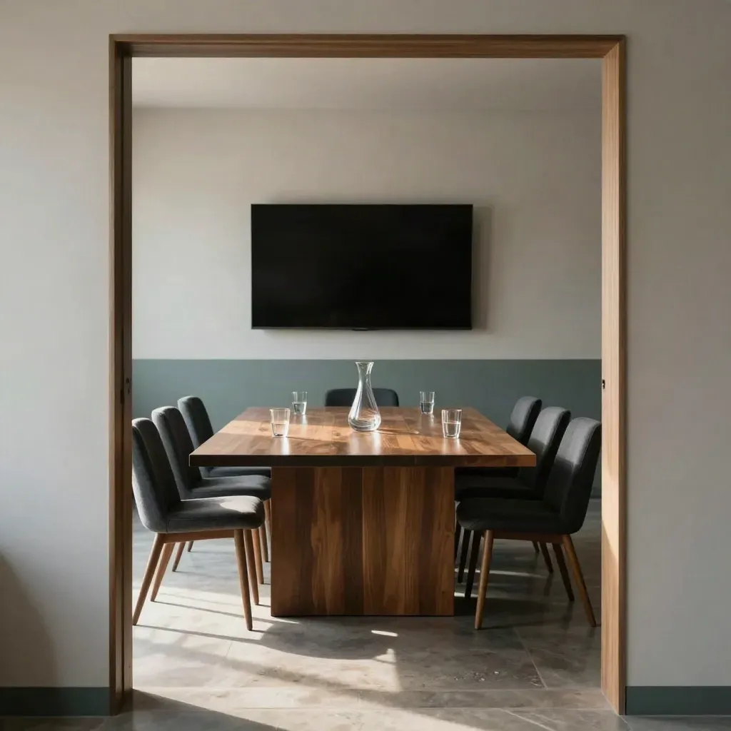 Meeting room set for a client hour, walnut table, charcoal chairs, glassware, muted teal accent.