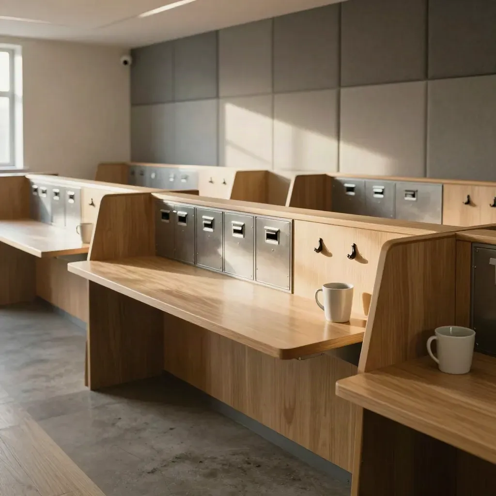 Calm coworking common room with shared desks, mail cubbies, coat hooks and warm wood accents.