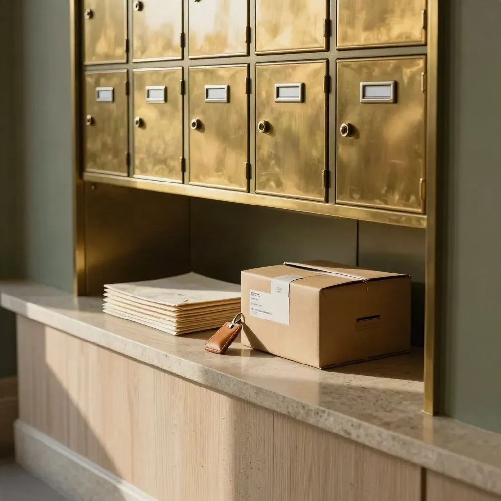 Brass parcel lockers with sealed mail, a key fob, and a stone counter in a moody lobby.