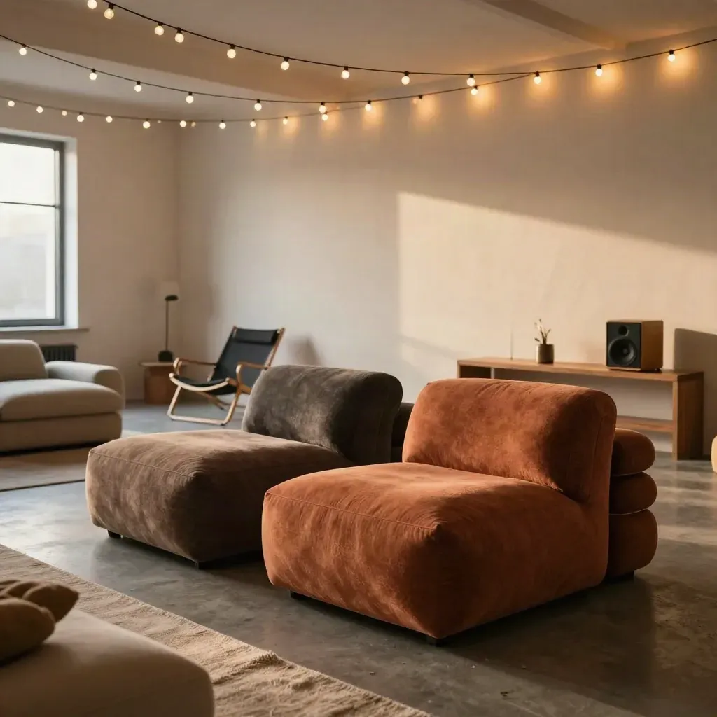 Cozy event-ready coworking lounge with ottomans, folded chairs, speaker, and string lights.