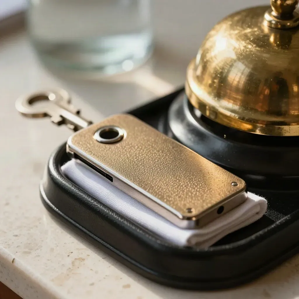 Macro still life of fobs, mailbox keys, and a brass desk bell in a leather tray.
