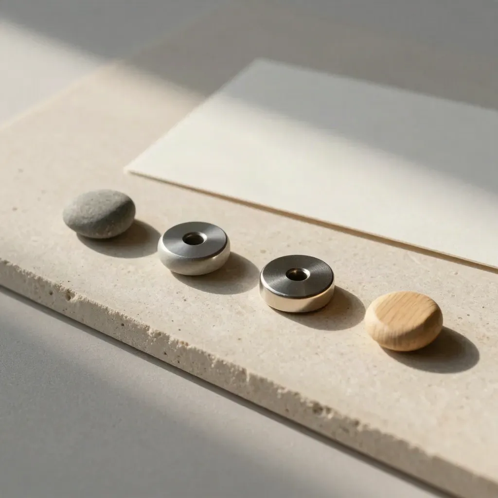 Stone markers, door fob, and wood sample arranged on pale stone in soft side light.