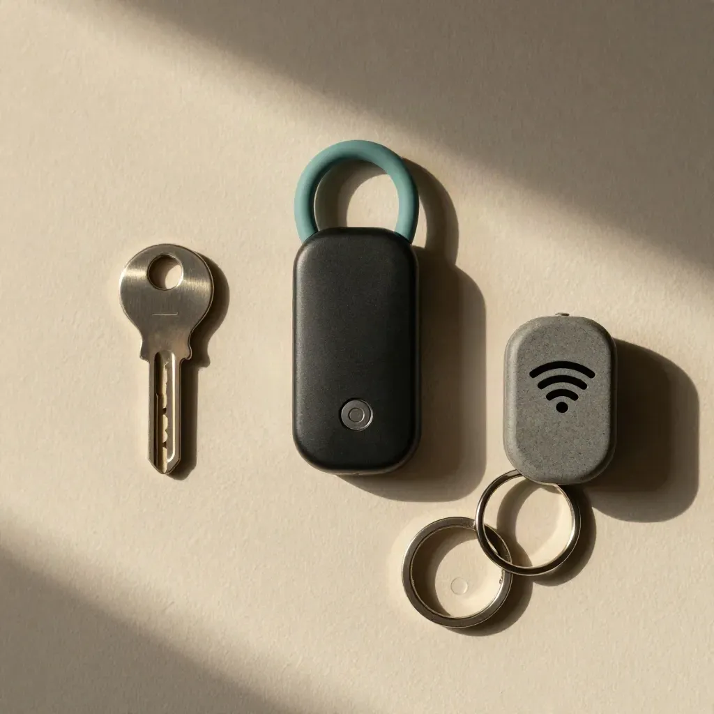 Door fob, mailbox key, Wi‑Fi puck and access ring on warm plaster, seen from above.